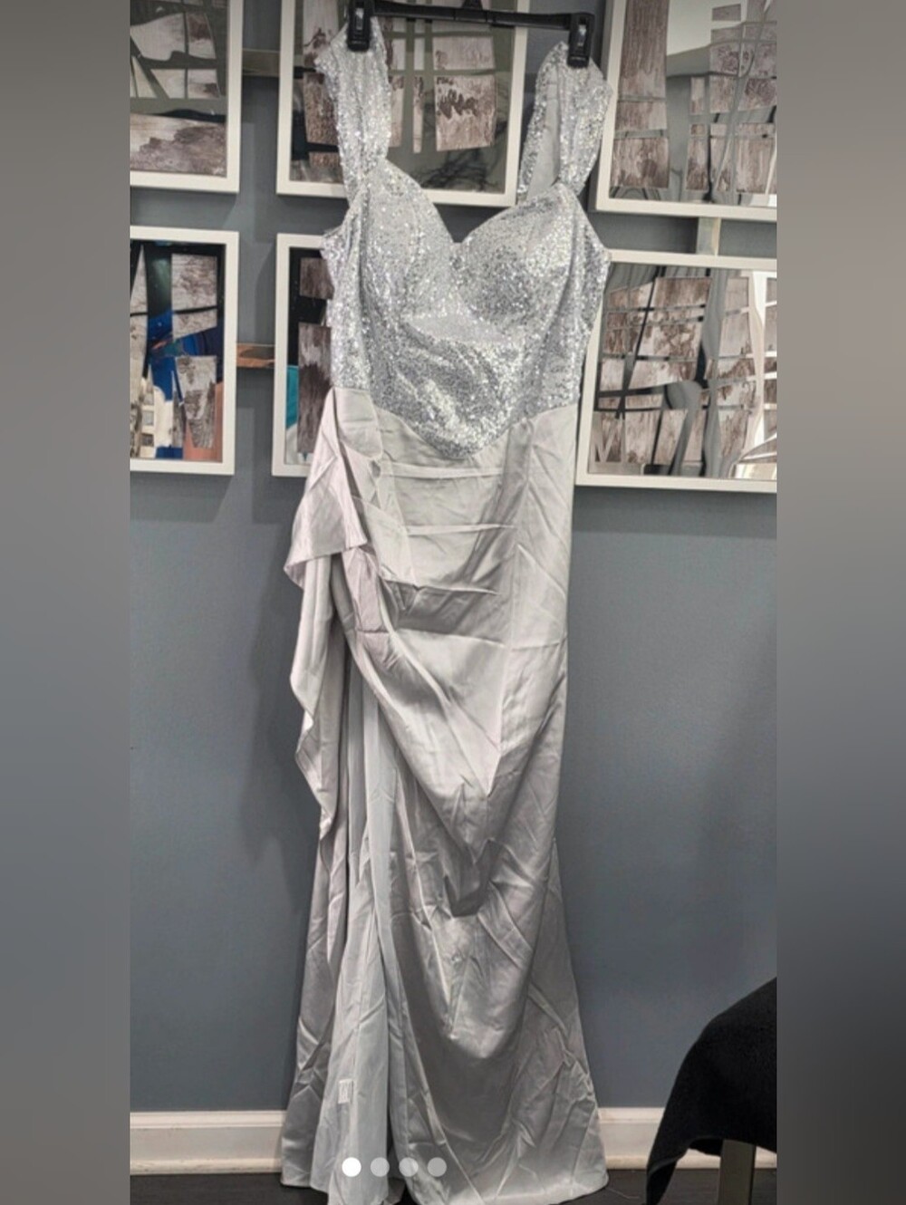 Silver Sequin & Satin Evening Gown - Elegant Strappy Dress